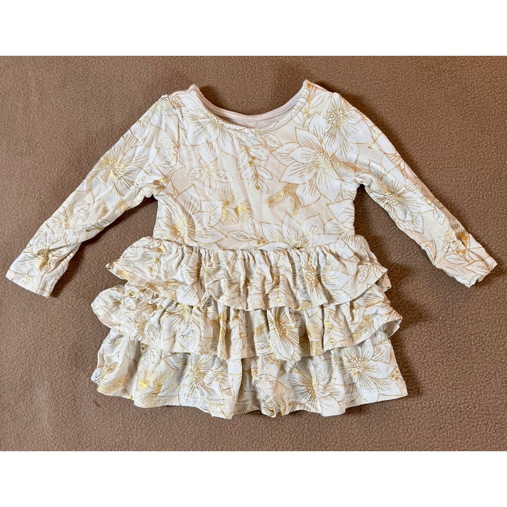 Play by Little Sleepies Baby Dress 3–6M Ivory Gold Floral Bamboo Ruffle Soft